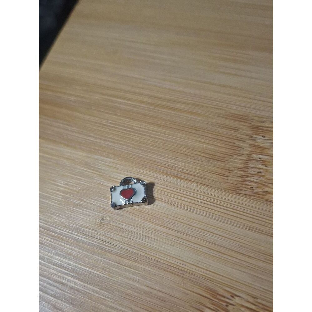 White Enamel Suitcase With Red Heart Accent Charm For Floating Lockets